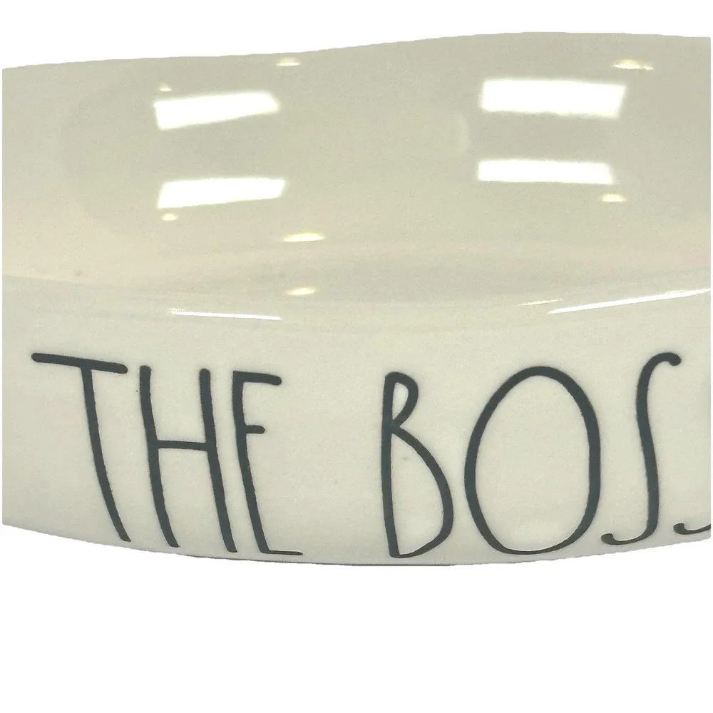Rae Dunn THE BOSS Pet Bowl Dog Cat Dish Ceramic Ivory Magenta Artisan